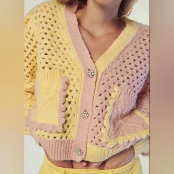 Zara Colorblock Cropped Sweater Size Medium Cottagecore Coastal Grandma - Picture 5 of 16